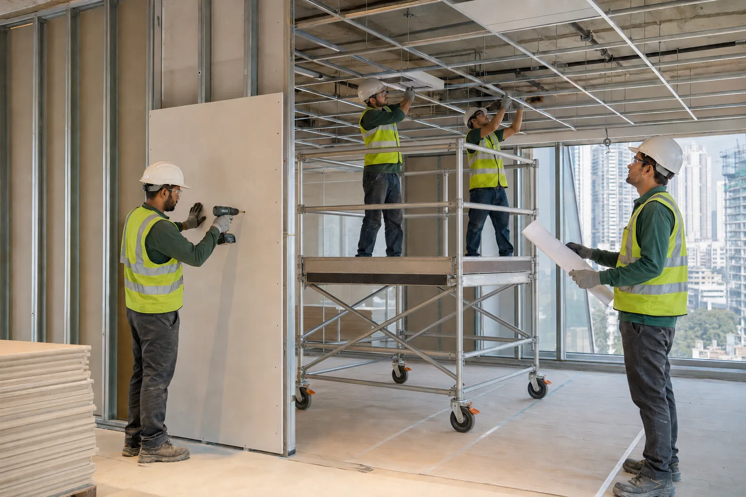 Professional team carrying out office partition and ceiling works