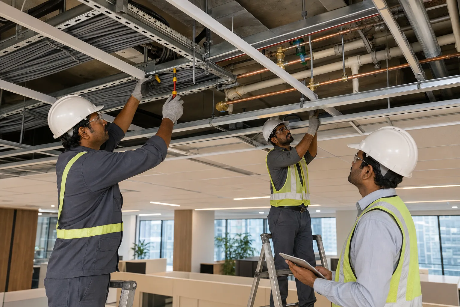 Coordinated electrical and plumbing services in a commercial fit-out